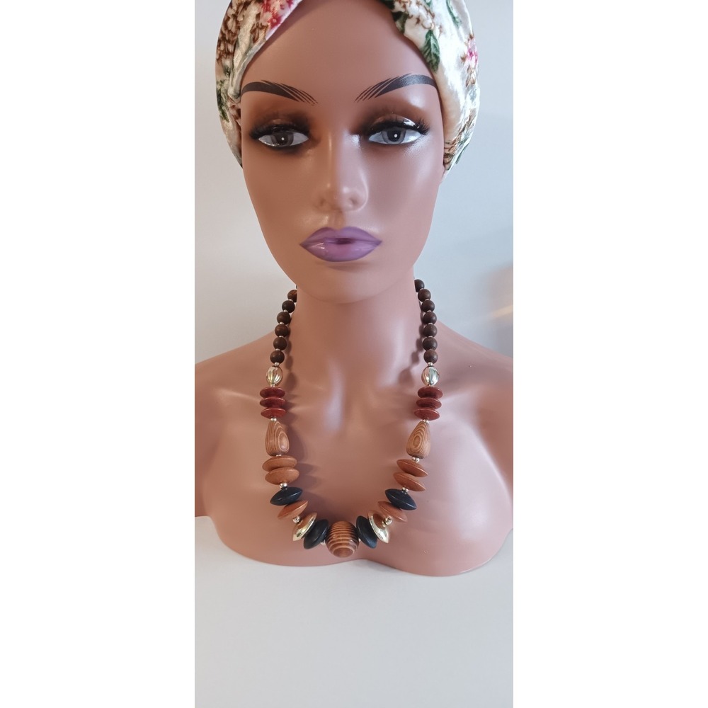 Chunky Fashion Jewelry gold coated spacers Brown Beaded wooden necklace 11" long